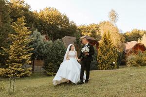 ein stilvoll Bräutigam im ein schwarz passen und ein süß Braut im ein Weiß Kleid mit ein lange Schleier sind umarmen und Gehen in der Nähe von Grün hoch Bäume. Hochzeit Porträt von lächelnd und glücklich Jungvermählten. foto