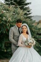 jung Hochzeit Paar genießen romantisch Momente draußen auf ein Sommer- Wiese. ein Braut mit ein Krone auf ihr Kopf und ein lange Schleier. Bräutigam im ein klassisch grau passen foto