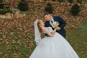 Porträt von ein elegant Hochzeit Paar zärtlich Umarmen im ein Wald oder Park. Luxus Braut und Bräutigam umarmen. romantisch sinnlich Moment foto