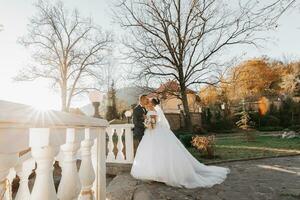 Porträt von ein glücklich Hochzeit Paar, Braut und Bräutigam küssen im das Herbst Wald, Park foto