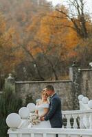 Herrlich Hochzeit Paar Gehen auf Stein Treppe in der Nähe von alt Schloss im Park. stilvoll schön Braut im tolle Kleid und Bräutigam posieren auf Hintergrund von uralt Gebäude foto