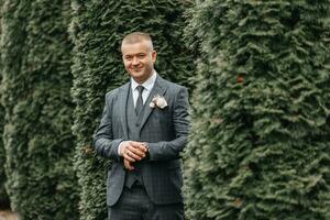 gut aussehend Bräutigam im passen und Krawatte Stehen draußen im Park. Hochzeit Porträt. ein Mann im ein klassisch passen foto