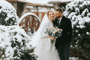 schön und glücklich Braut und Bräutigam sind haben Spaß unter schneebedeckt Bäume. Braut und Bräutigam im das Winter Park. Braut mit ein Strauß von Blumen im ein Hochzeit Kleid und Poncho. Bräutigam im ein schwarz Mantel. foto