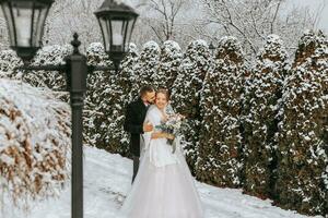 empfindlich Porträt von glücklich Jungvermählten. das Bräutigam Umarmungen das Braut im das Winter Park. das Braut im ein Hochzeit Kleid und ein Weiß Poncho. das Bräutigam ist gekleidet im ein schwarz Mantel. breit Winkel. kostenlos Raum foto