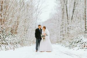 schön Hochzeit Paar Gehen im Winter schneebedeckt Wald, Frau im Weiß Kleid und Nerz Pelz Mantel, bärtig Mann im schwarz Mantel foto