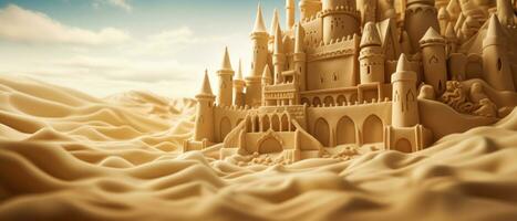 ai generiert majestätisch Sand Schloss mit kompliziert Türme. ai generativ. foto