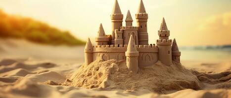 ai generiert Nahansicht von ein detailliert Sandburg auf ein glatt Strand. ai generativ. foto