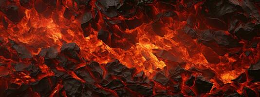 ai generiert heftig Nahansicht von Lava fließen und Holzkohle Feuer. ai generativ. foto