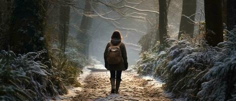 ai generiert Foto von ein einsam Wanderer, ein Frau Gehen durch ein schneebedeckt Wald, ihr Zahl umhüllt im Nebel.