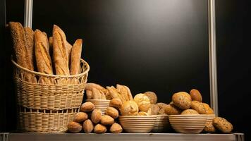 Korb mit anders Arten von Brot im Vorderseite von ein schwarz Hintergrund foto