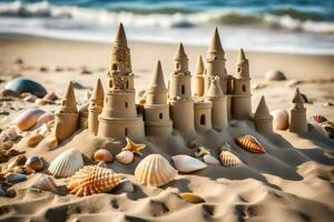 ai generiert ein Sand Schloss auf das Strand mit Muscheln und Muscheln foto