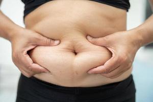 Übergewichtige Asiatin zeigt fetten Bauch im Büro. foto