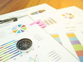 Geschäftsberichtsdiagramm und Finanzdiagrammanalyse mit Kompass auf dem Tisch foto