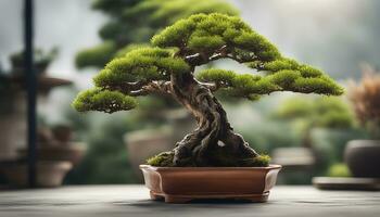 ai generiert Bonsai Baum im ein Topf auf ein Tabelle foto