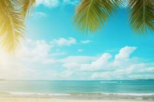 ai generiert Palme Baum auf tropisch Strand mit Blau Himmel und Weiß Wolken abstrakt Hintergrund. Kopieren Raum von Sommer- Ferien und Geschäft Reise Konzept. Jahrgang Ton Filter bewirken Farbe Stil. foto