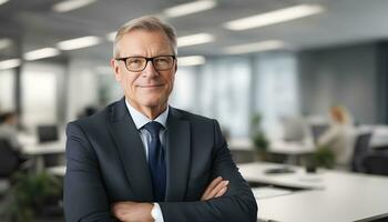 ai generiert ein Mann im ein passen und Krawatte Stehen im ein Büro foto