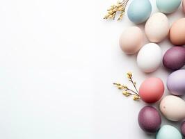 ai generiert glücklich Ostern Eier Pastell- Farbe mit Blumen auf Weiß Hintergrund, Kopieren Raum zum Text foto
