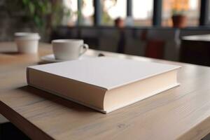 ai generiert Weiß Buch Attrappe, Lehrmodell, Simulation mit Kaffee auf Tisch. ai generiert foto