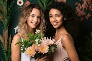 ai generiert Modelle von anders ethnische Zugehörigkeit posieren mit tropisch Blumen im Hände. ai generiert foto