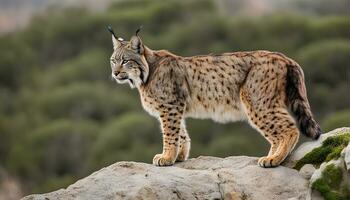 ai generiert ein Luchs ist Stehen auf oben von ein Felsen foto