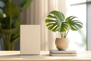 ai generiert Weiß Buch Attrappe, Lehrmodell, Simulation. Buch Attrappe, Lehrmodell, Simulation mit ein Monstera Blatt im ein Vase auf ein Beige Tisch. ai generiert foto