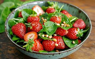 ai generiert Tassen von Erdbeeren, sortiert Grüns und Kiefer Nüsse foto