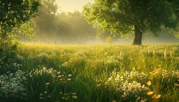 ai generiert ein grasig Feld voll von Wildblumen und Bäume foto