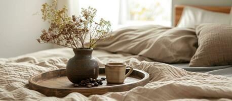 ai generiert ein Tablett enthält Kaffee und ein Blume Anordnung auf oben von ein Bett foto