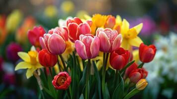 ai generiert Blühen Tulpen, Narzissen, und Ostern Lilien im ein beschwingt Frühling Anordnung foto