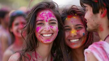 ai generiert Verbindung Über Farben, Lachen, und geteilt Momente im ein holi Feier foto