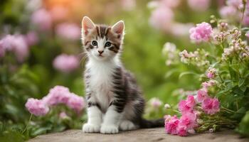 ai generiert ein Kätzchen ist Sitzung im Vorderseite von Rosa Blumen foto