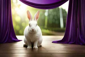 ai generiert Weiß Hase Sitzung auf hölzern Fußboden im Vorderseite von lila Vorhang foto