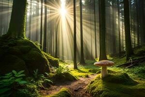 ai generiert ein Pilz ist Stehen im das Mitte von ein Wald mit Sonnenlicht leuchtenden durch das Bäume foto