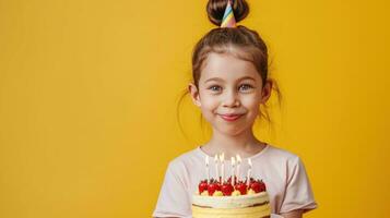 ai generiert glücklich Geburtstag wenig Mädchen mit Geburtstag Kuchen gegen lebendig minimalistisch Hintergrund foto