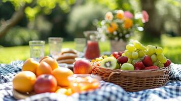 ai generiert Gingham Decken, frisch Frucht, und Sonnenschein hervorrufen ein herrlich Frühling Picknick foto