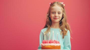 ai generiert glücklich Geburtstag wenig Mädchen mit Geburtstag Kuchen gegen lebendig minimalistisch Hintergrund foto