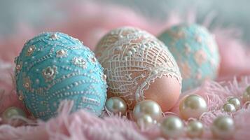 ai generiert zart Ei Muster, Spitze, und Perlen erstellen ein Ostern Karte Raffinesse foto