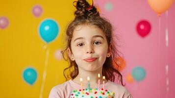 ai generiert glücklich Geburtstag wenig Mädchen mit Geburtstag Kuchen gegen lebendig minimalistisch Hintergrund foto