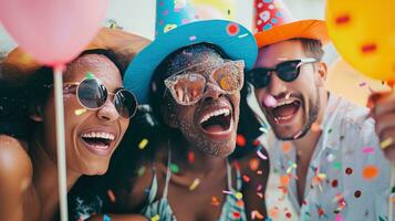 ai generiert Lachen Freunde, Party Hüte, und beschwingt Dekorationen zum ein lebhaft Geburtstag Feier foto