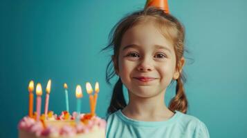 ai generiert glücklich Geburtstag wenig Mädchen mit Geburtstag Kuchen gegen lebendig minimalistisch Hintergrund foto