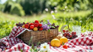 ai generiert Gingham Decken, frisch Frucht, und Sonnenschein hervorrufen ein herrlich Frühling Picknick foto