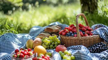 ai generiert Gingham Decken, frisch Frucht, und Sonnenschein hervorrufen ein herrlich Frühling Picknick foto
