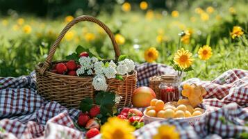 ai generiert Gingham Decken, frisch Frucht, und Sonnenschein hervorrufen ein herrlich Frühling Picknick foto