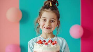 ai generiert glücklich Geburtstag wenig Mädchen mit Geburtstag Kuchen gegen lebendig minimalistisch Hintergrund foto