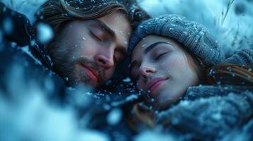 ai generiert Paar Schlafen friedlich im Schnee, Umarmen Winter Gelassenheit foto