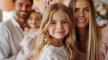 ai generiert glücklich Familie Porträt mit lächelnd Eltern und Kinder drinnen foto