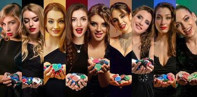 Collage von Mädchen im stilvoll Kleider und Schmuck. Sie lächelnd, zeigen Handvoll von Chips, posieren gegen bunt Hintergründe. Poker, Kasino. Nahansicht foto