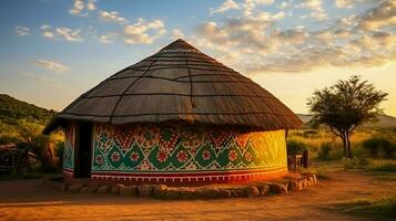 ai generiert im das heiter Abend Sonne, ein großartig bunt traditionell ethnisch afrikanisch runden Hütte von das ndbele Stamm im ein Gemeinschaft im Süd Afrika foto