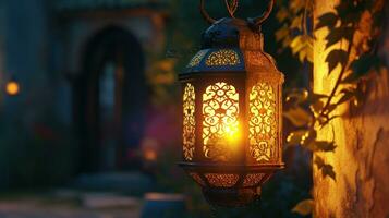 ai generiert ein traditionell arabisch Laterne zündete durch Kerze Licht ist auf Feuer im Vorderseite von das Sonne foto