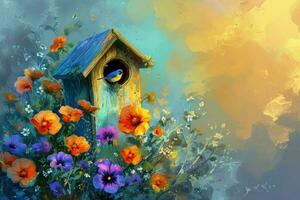ai generiert ein Vogelhaus mit Blumen und Blätter ist hervorgehoben im ein Aquarell foto